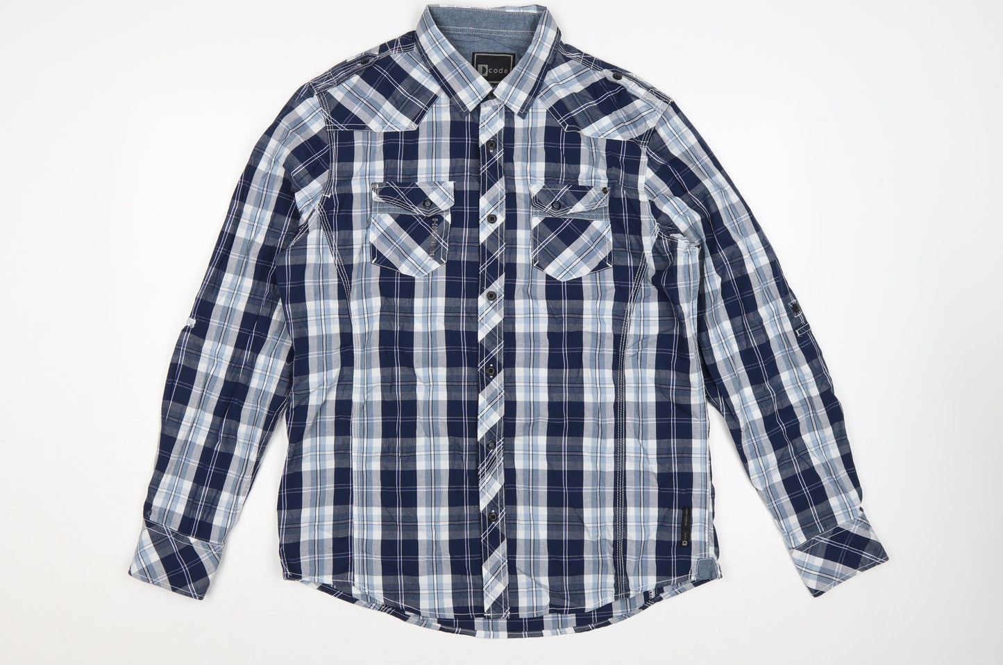 Dcode Men’s Blue Plaid Check Long Sleeve Button-Up Shirt L Casual