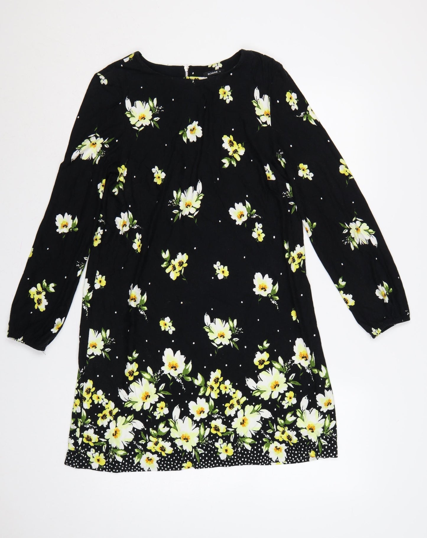 Roman Women Black Floral Long Sleeve Shift Dress UK 12 Knee Length