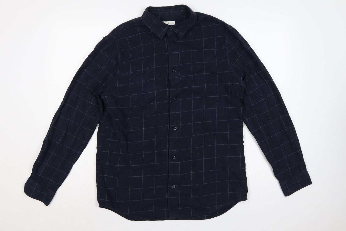 Marks & Spencer Men Blue Check Cotton Shirt M Regular Long Sleeve