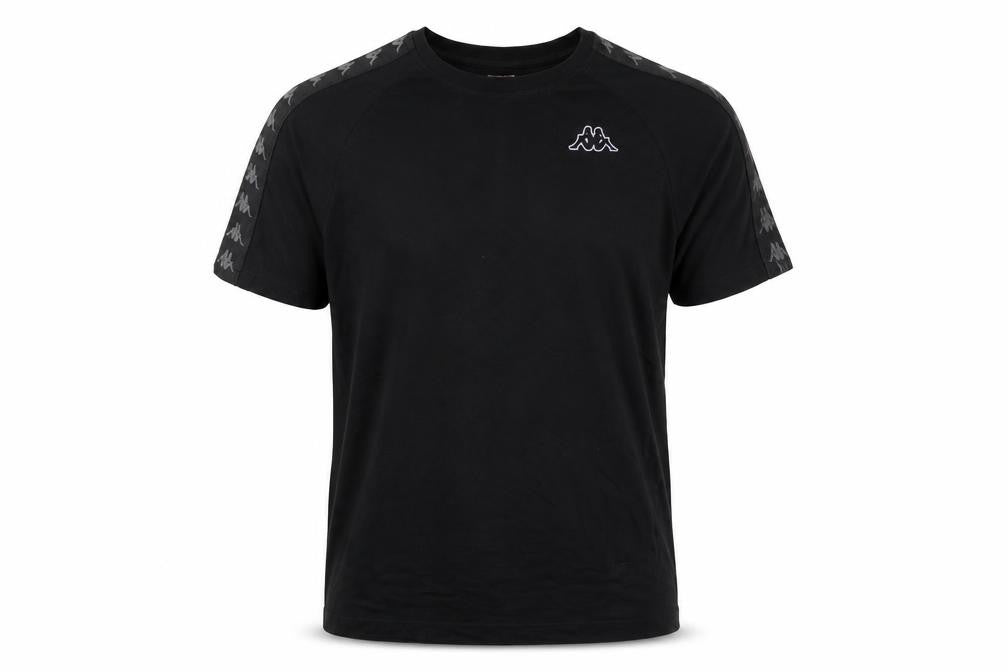 Front view of Kappa men’s black large logo tape crew neck short sleeve t-shirt