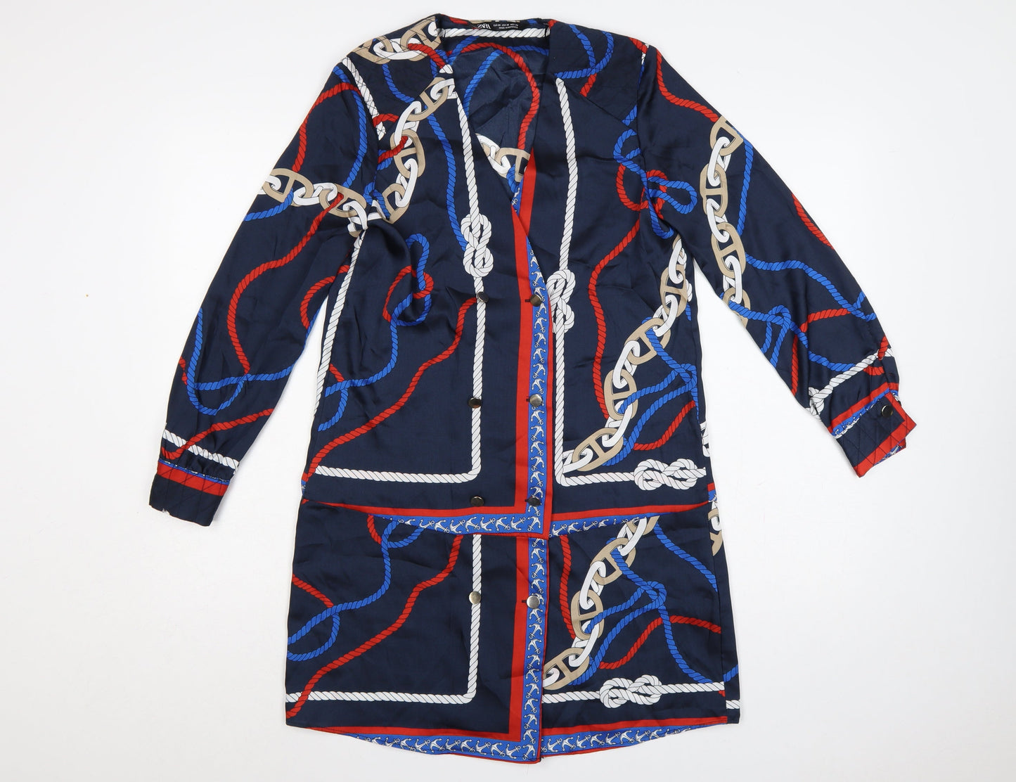 Zara Women Blue XS Shirt Dress Nautical Rope Print Long Sleeve