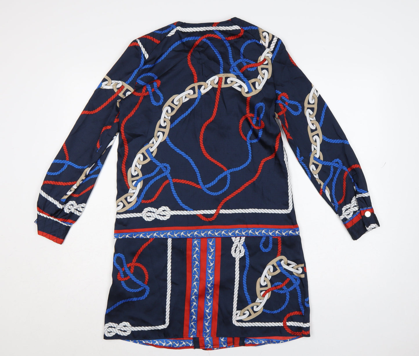 Zara Women Blue XS Shirt Dress Nautical Rope Print Long Sleeve