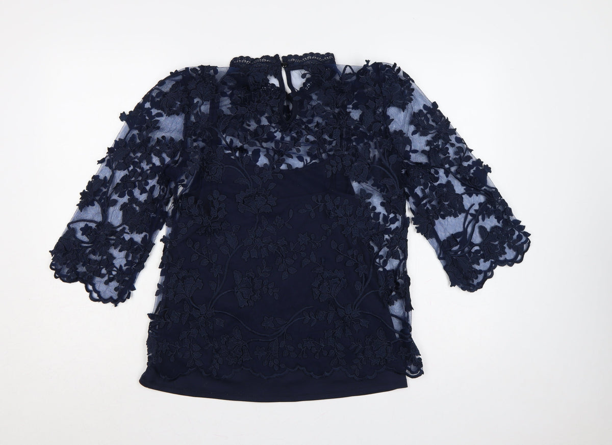 Adiva Women’s Navy Blue M Lace Floral Embroidered 3/4 Sleeve Blouse