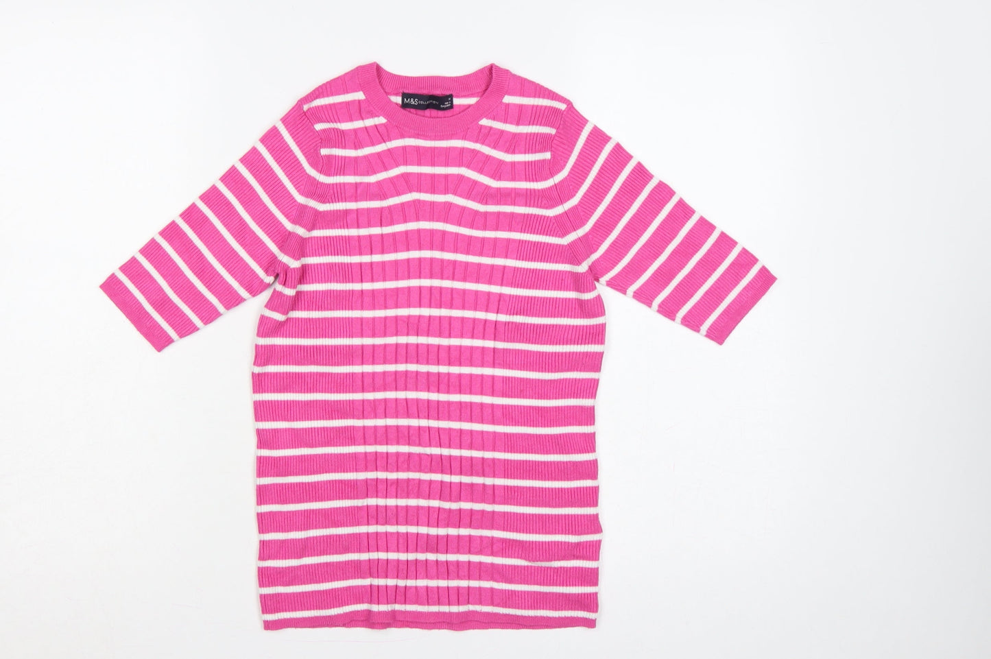 Marks and Spencer Women Pink White Stripe Rib Knit Tunic Jumper M