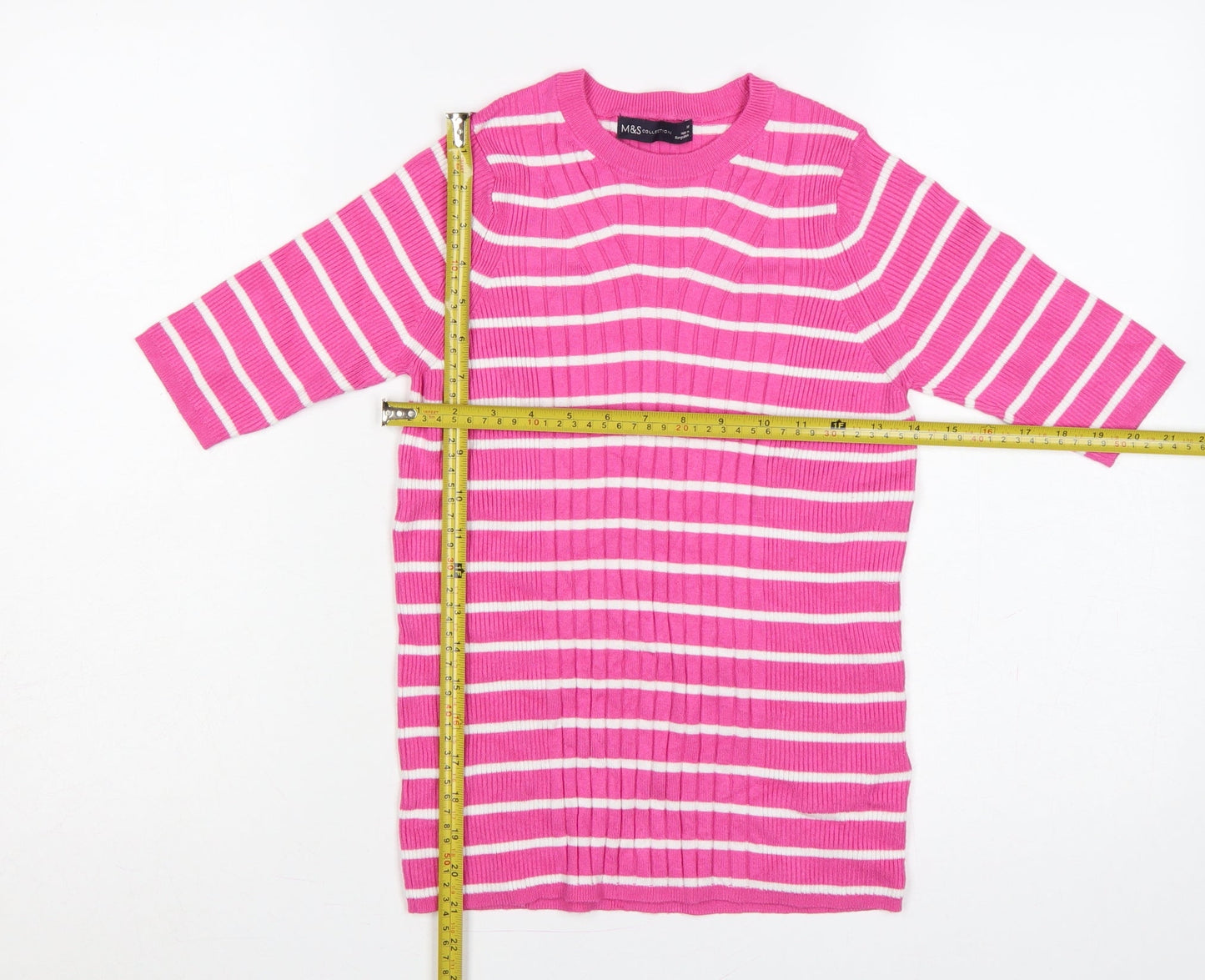 Marks and Spencer Women Pink White Stripe Rib Knit Tunic Jumper M