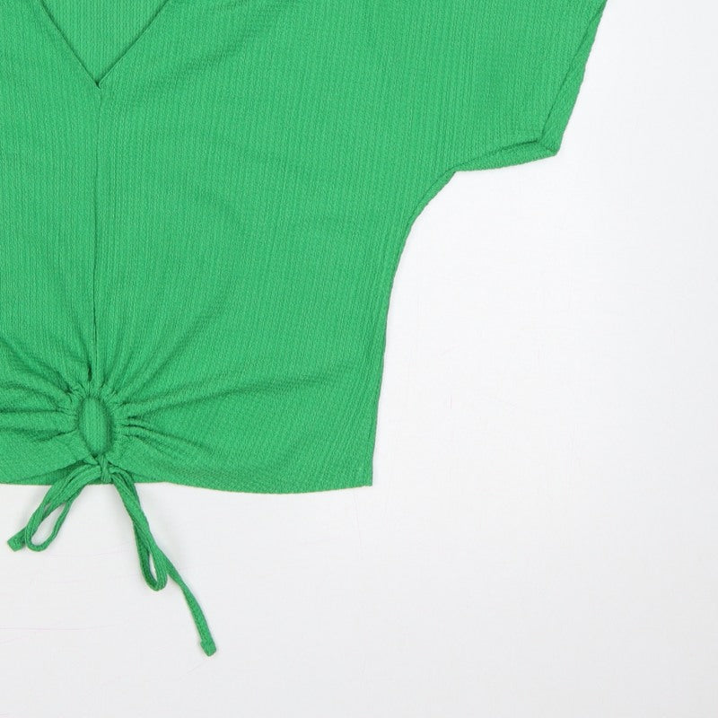 Zara Women Green M Cropped V-Neck Tie Front Short Sleeve Blouse