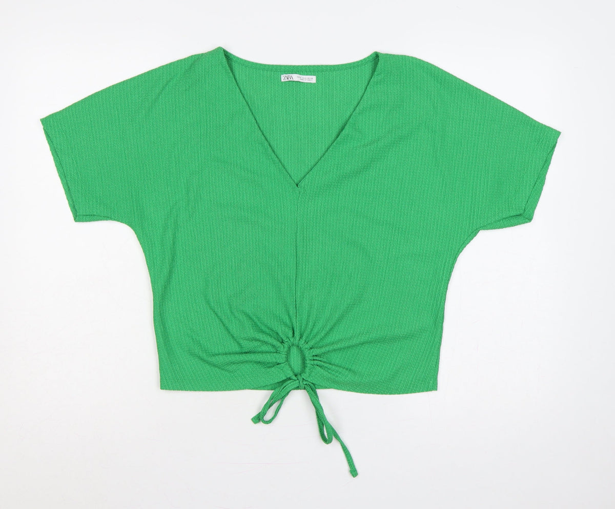 Zara Women Green M Cropped V-Neck Tie Front Short Sleeve Blouse