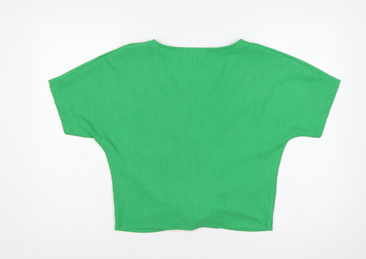 Zara Women Green M Cropped V-Neck Tie Front Short Sleeve Blouse