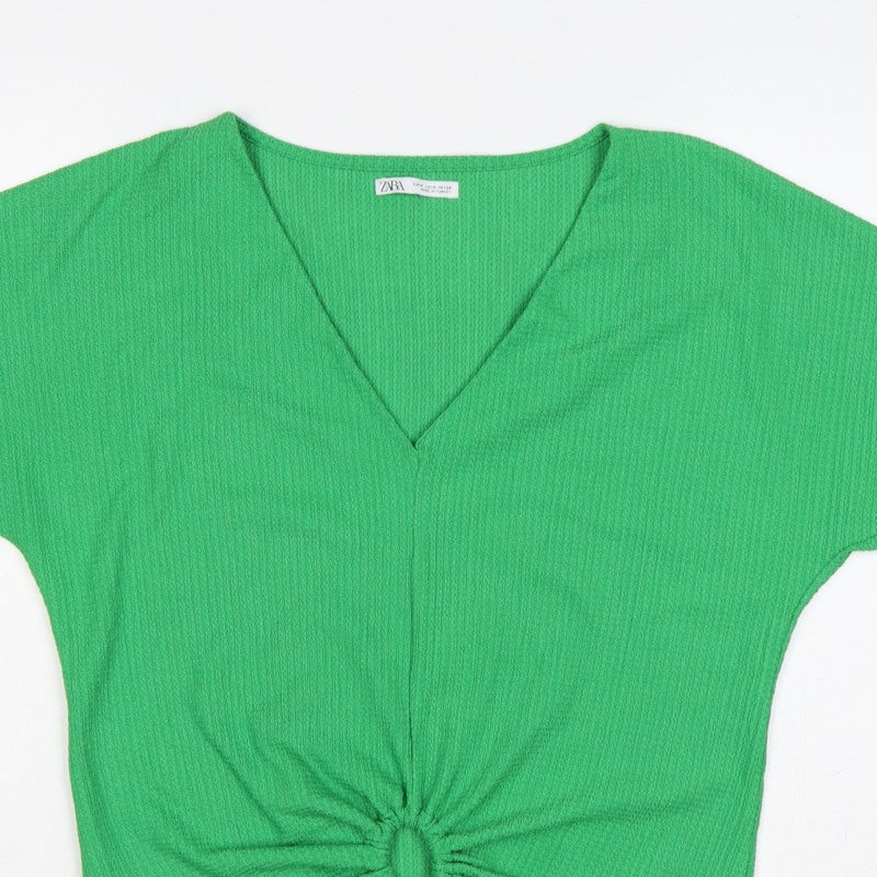 Zara Women Green M Cropped V-Neck Tie Front Short Sleeve Blouse