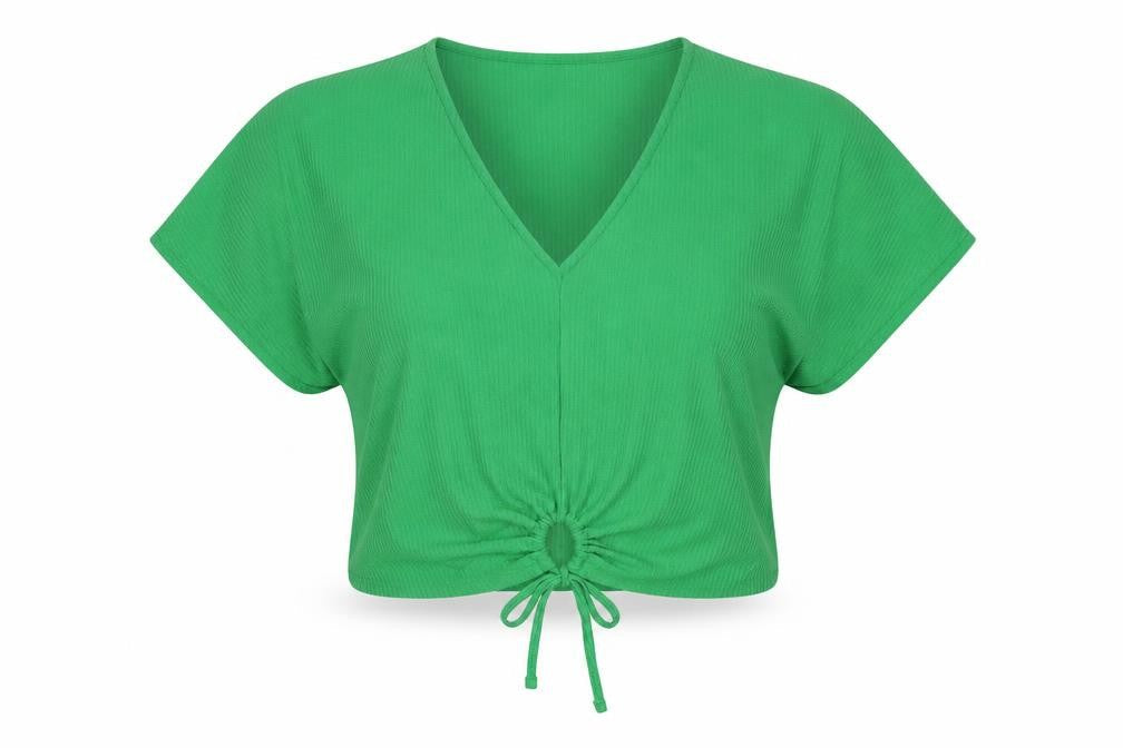 Zara Women Green M Cropped V-Neck Tie Front Short Sleeve Blouse