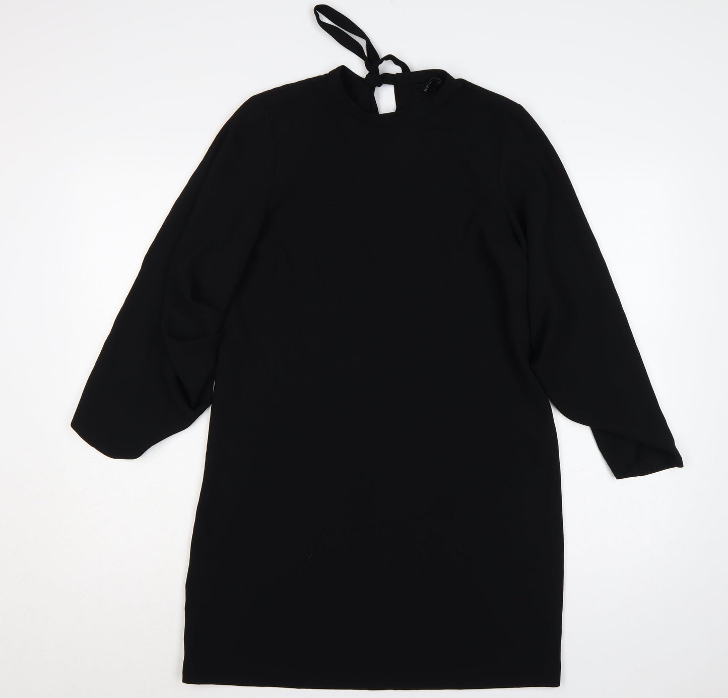 Zara Woman Black Size M Sheath Knee Dress Balloon Sleeves Tie Neck