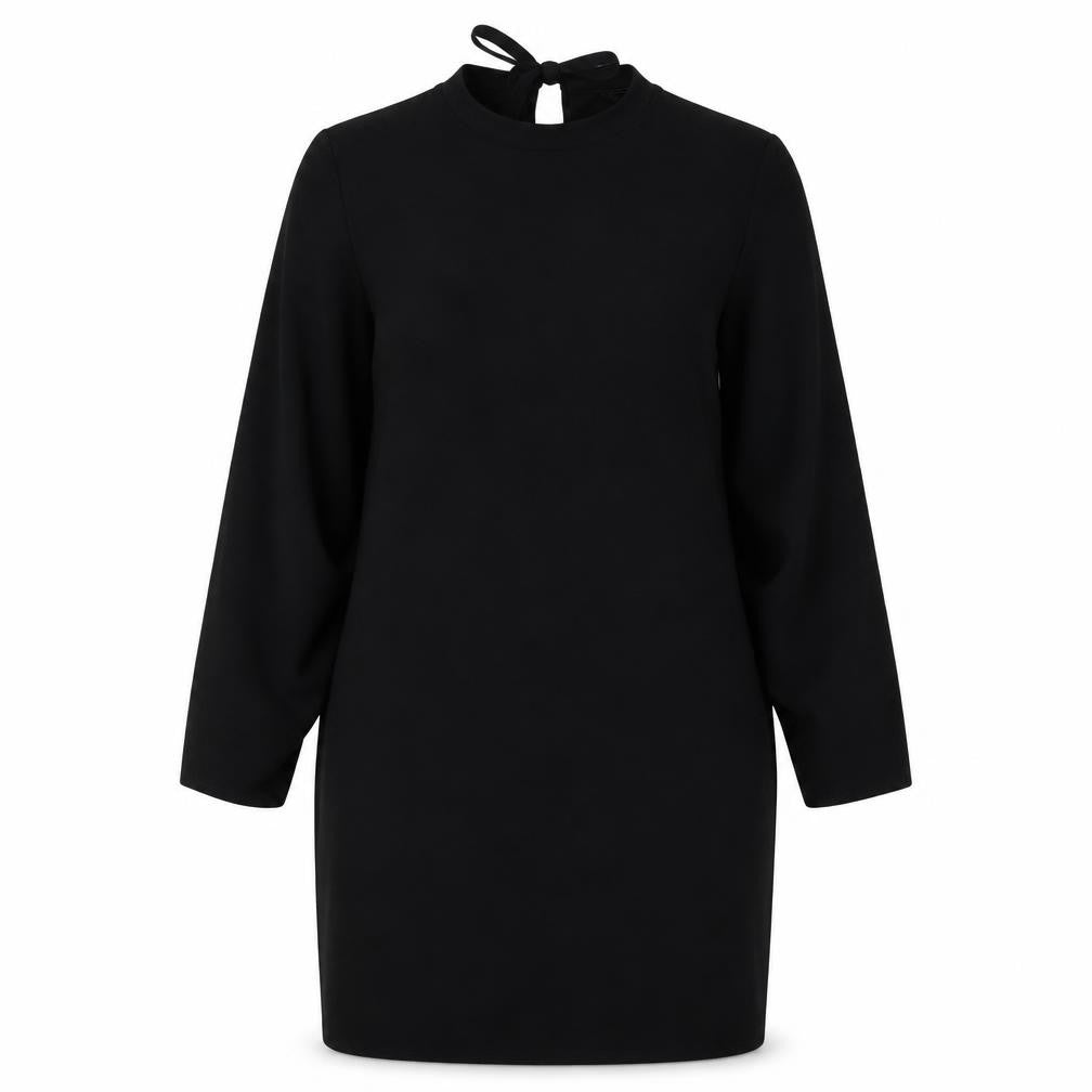 Front view of Zara Woman Black, size M, Sheath Knee Dress Balloon Sleeves Tie Neck