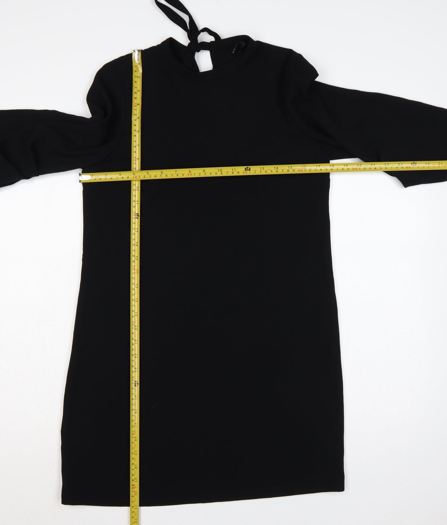 Zara Woman Black Size M Sheath Knee Dress Balloon Sleeves Tie Neck