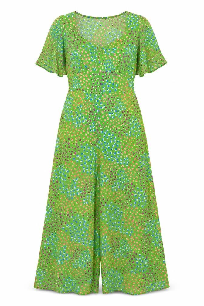 Front view of Nobody's Child Women Green Spot Print Wide-Leg Jumpsuit UK 10