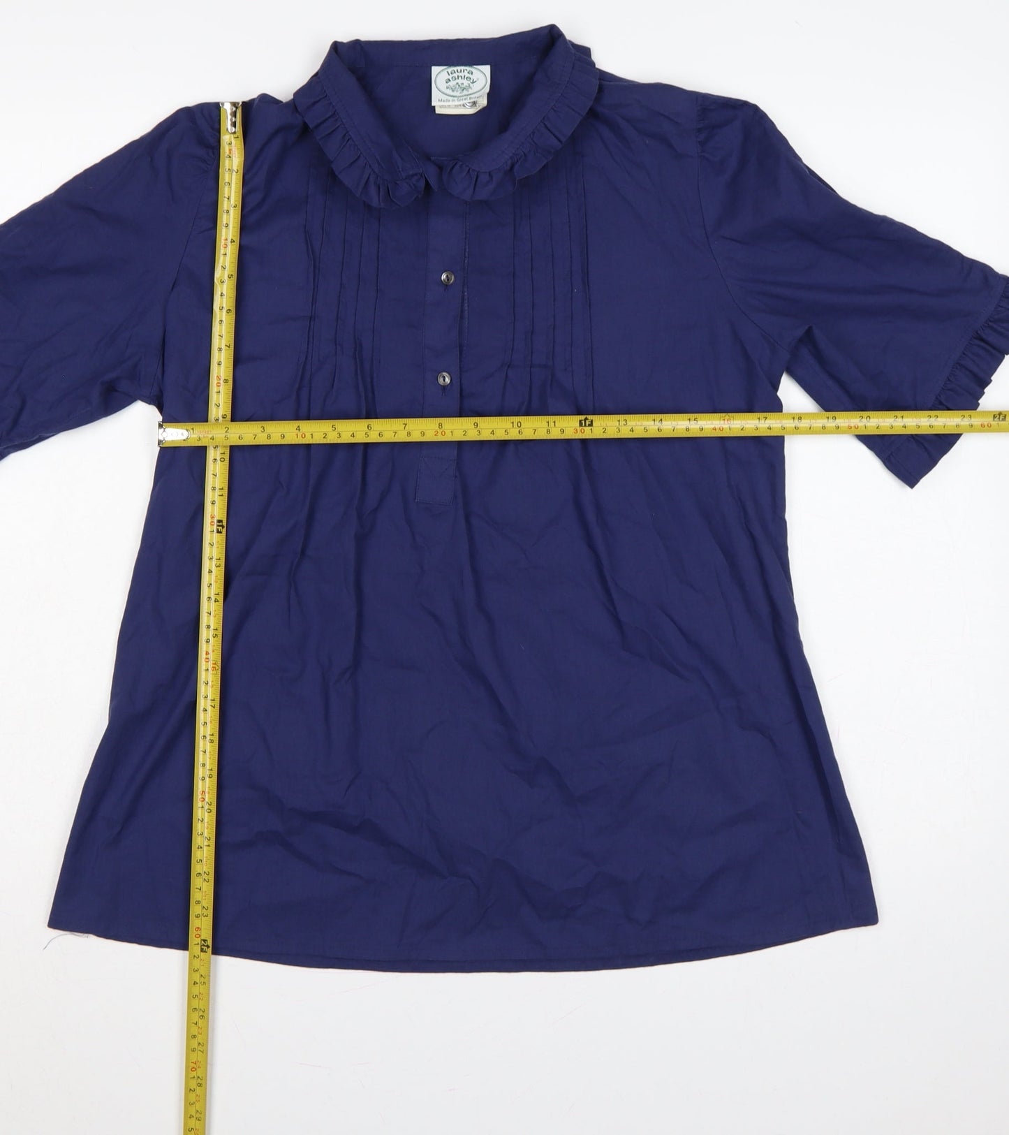 Laura Ashley Women Blue UK 18 Ruffle Collared Cotton Tunic Blouse