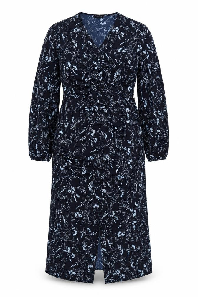 Front view of JD Williams Women Blue Floral Wrap Midi Dress UK 16 V-Neck Long Sleeve