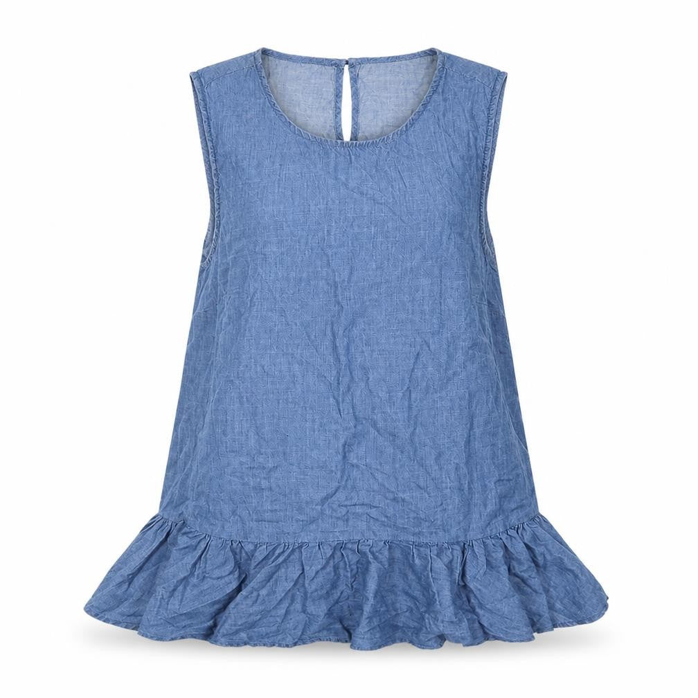 Oasis Women Blue Size 10 Chambray Sleeveless Ruffle Tunic Blouse