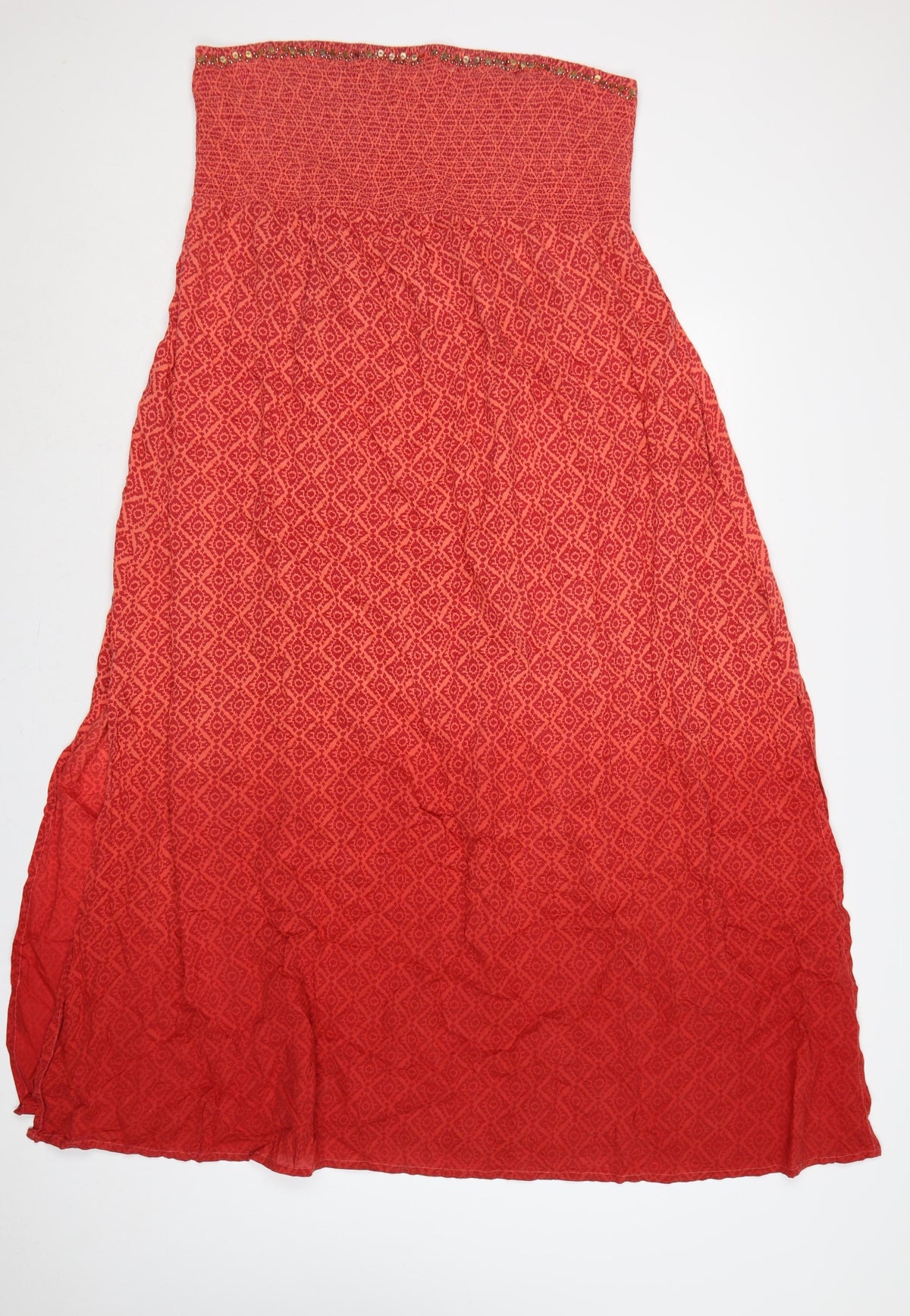 Monsoon Women Red XL Strapless Geometric Beaded Smocked Maxi Dress