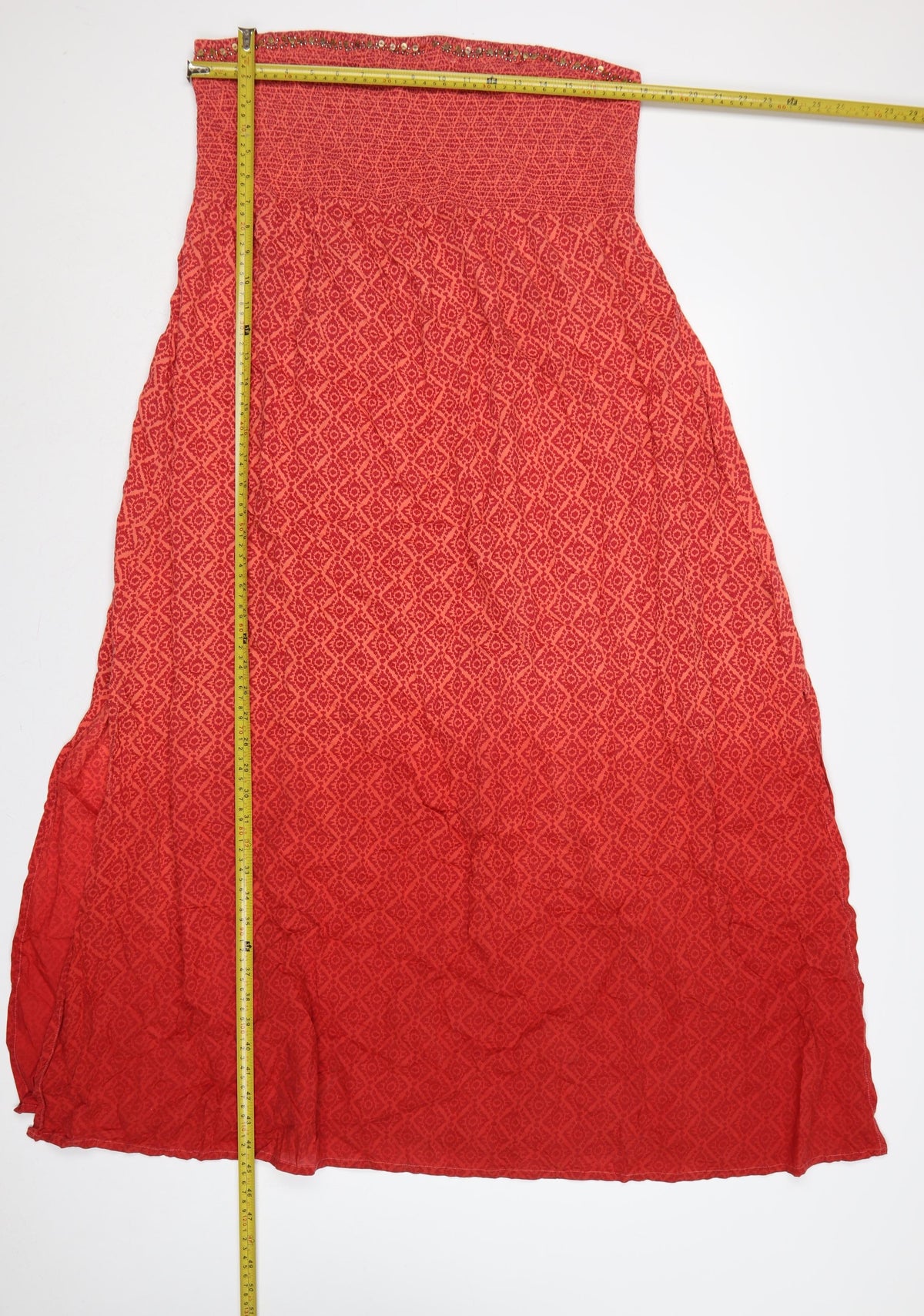 Monsoon Women Red XL Strapless Geometric Beaded Smocked Maxi Dress
