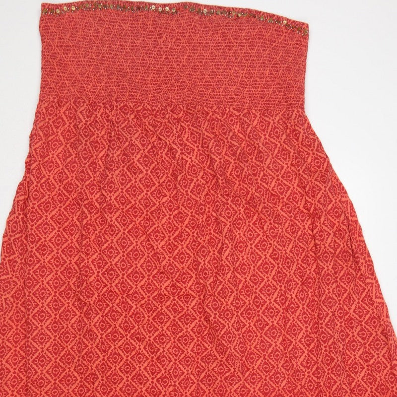 Monsoon Women Red XL Strapless Geometric Beaded Smocked Maxi Dress