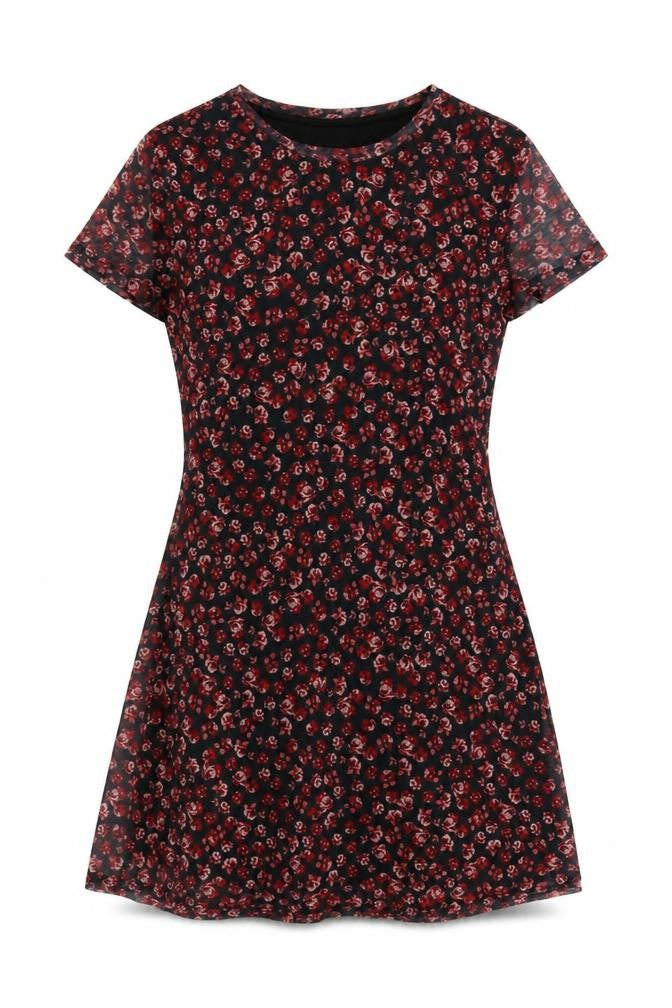 Stradivarius Women Black Red Floral L Fit & Flare Mesh Mini Dress