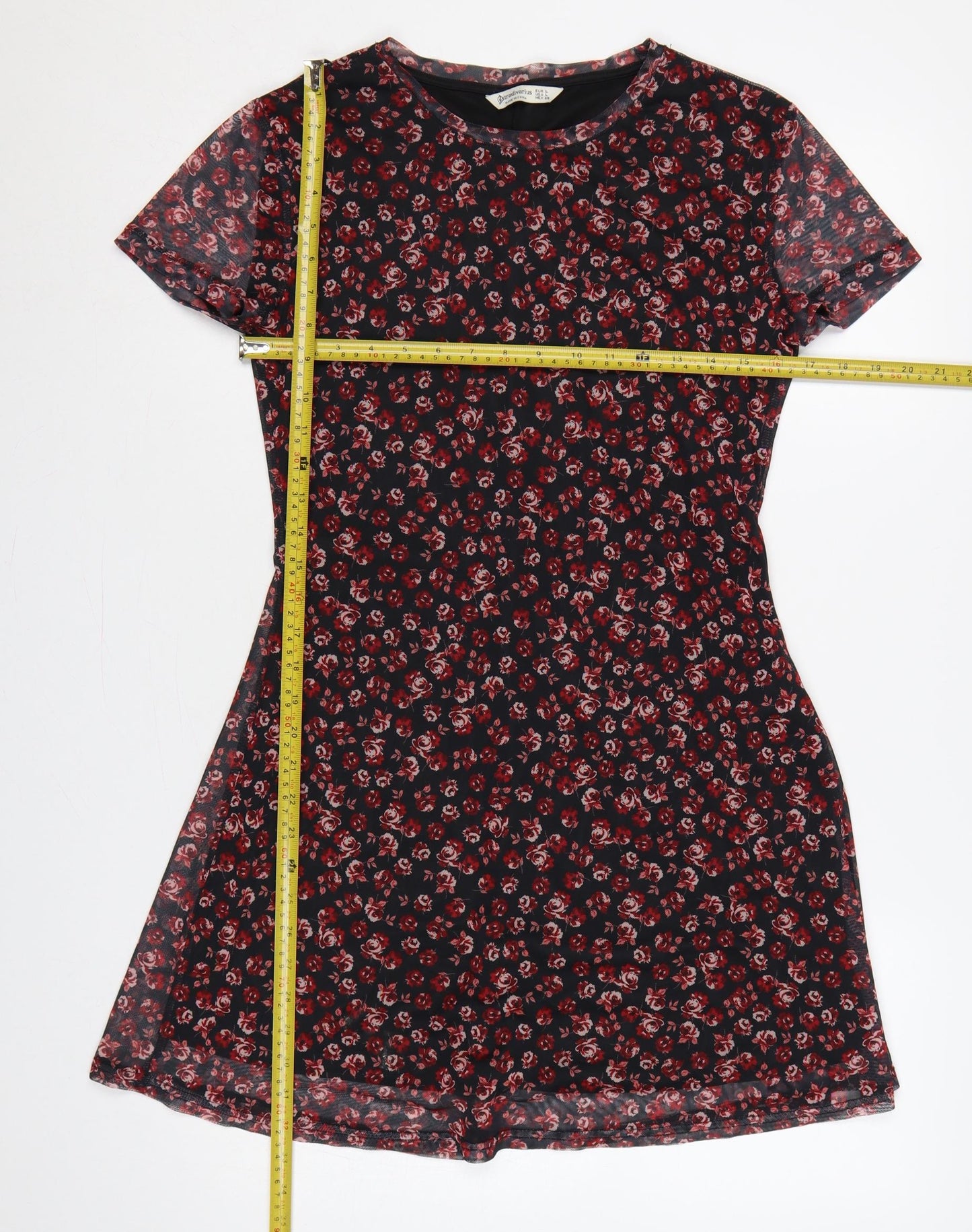 Stradivarius Women Black Red Floral L Fit & Flare Mesh Mini Dress