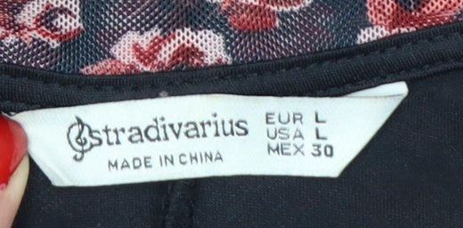 Stradivarius Women Black Red Floral L Fit & Flare Mesh Mini Dress