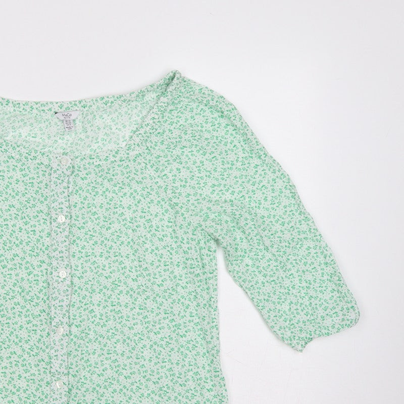M&Co Women Green Floral Petite UK 12 Button-Up Bell Sleeve Blouse