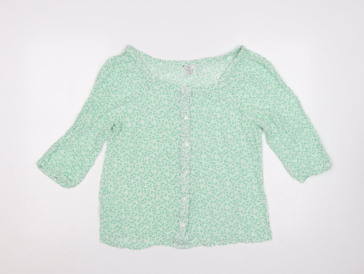 M&Co Women Green Floral Petite UK 12 Button-Up Bell Sleeve Blouse