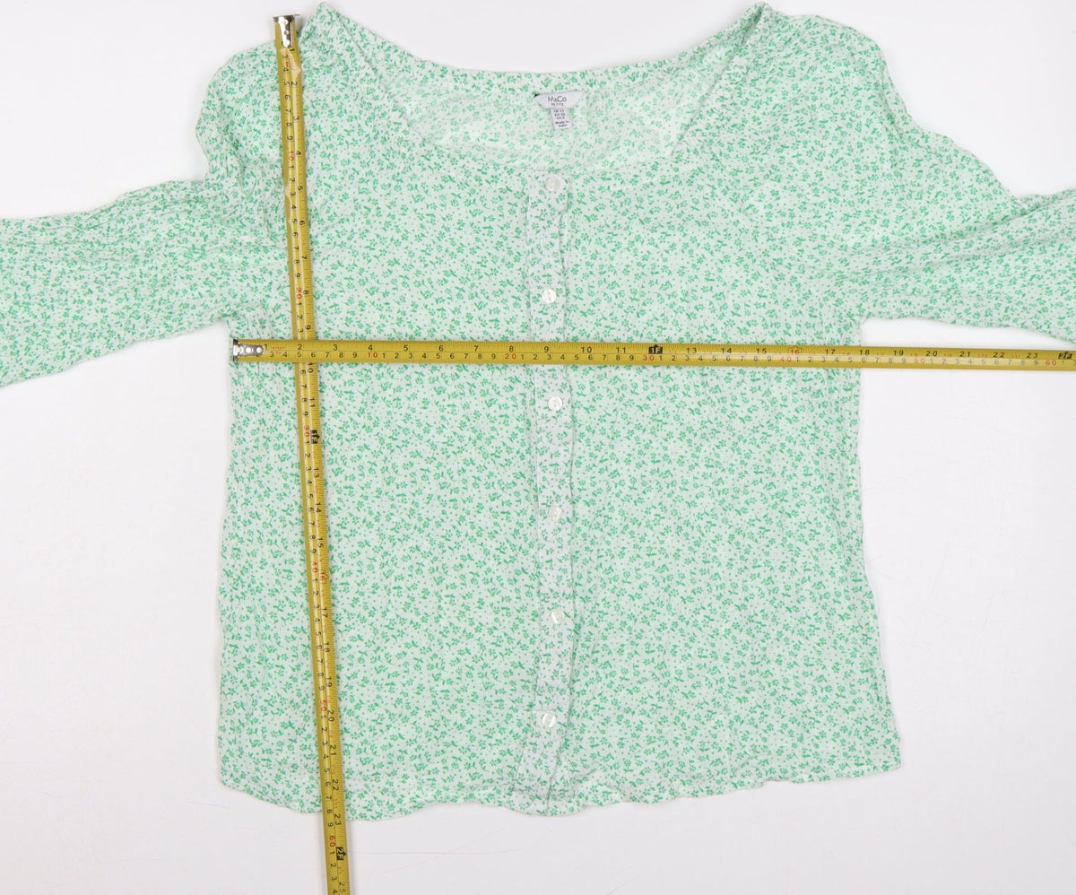M&Co Women Green Floral Petite UK 12 Button-Up Bell Sleeve Blouse
