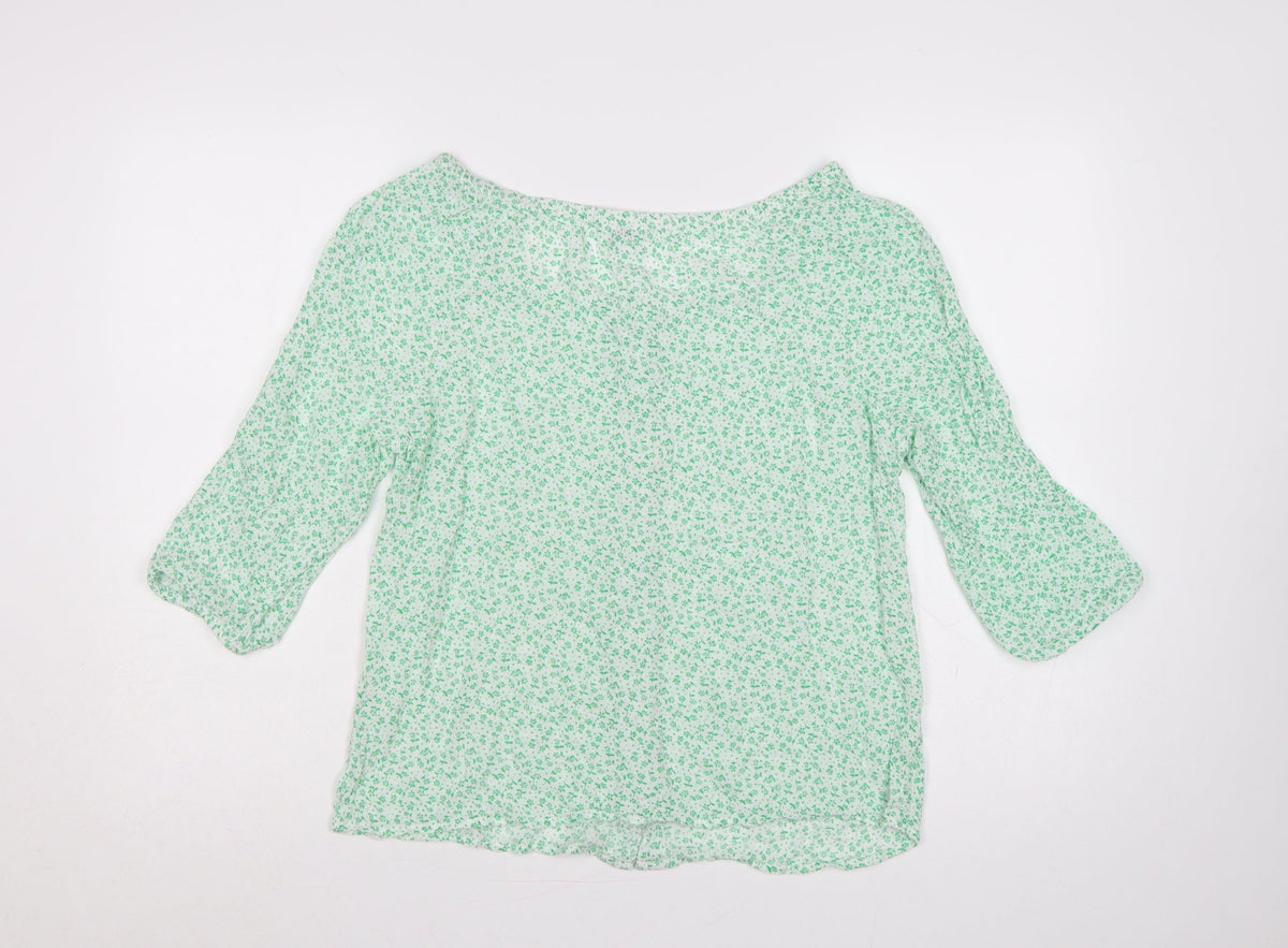 M&Co Women Green Floral Petite UK 12 Button-Up Bell Sleeve Blouse