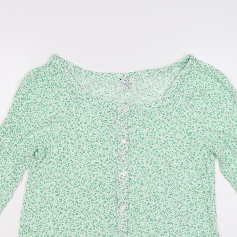 M&Co Women Green Floral Petite UK 12 Button-Up Bell Sleeve Blouse
