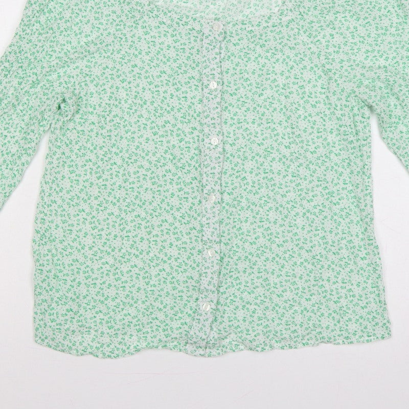 M&Co Women Green Floral Petite UK 12 Button-Up Bell Sleeve Blouse