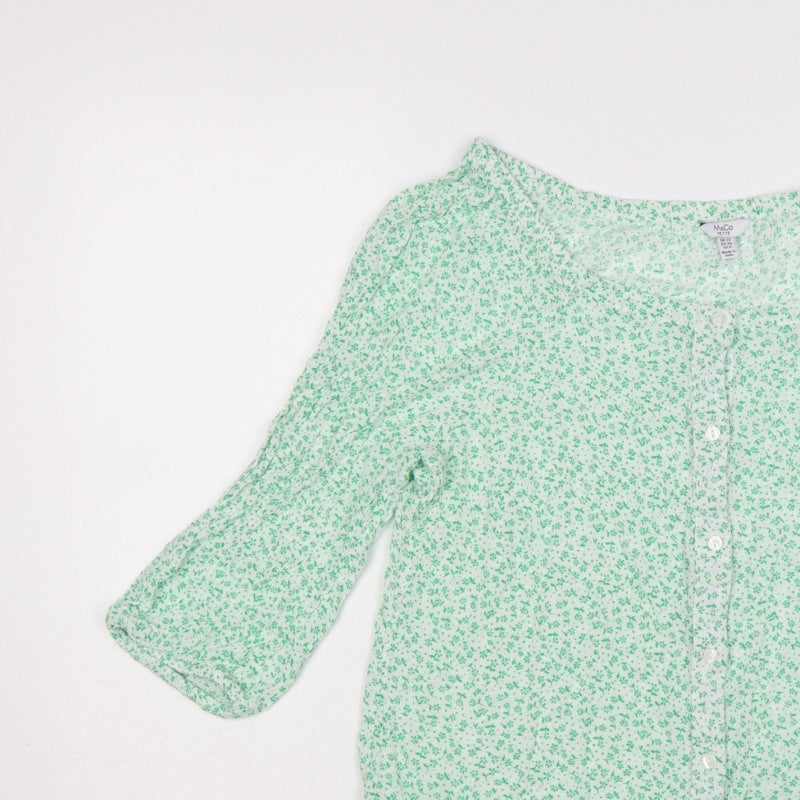 M&Co Women Green Floral Petite UK 12 Button-Up Bell Sleeve Blouse