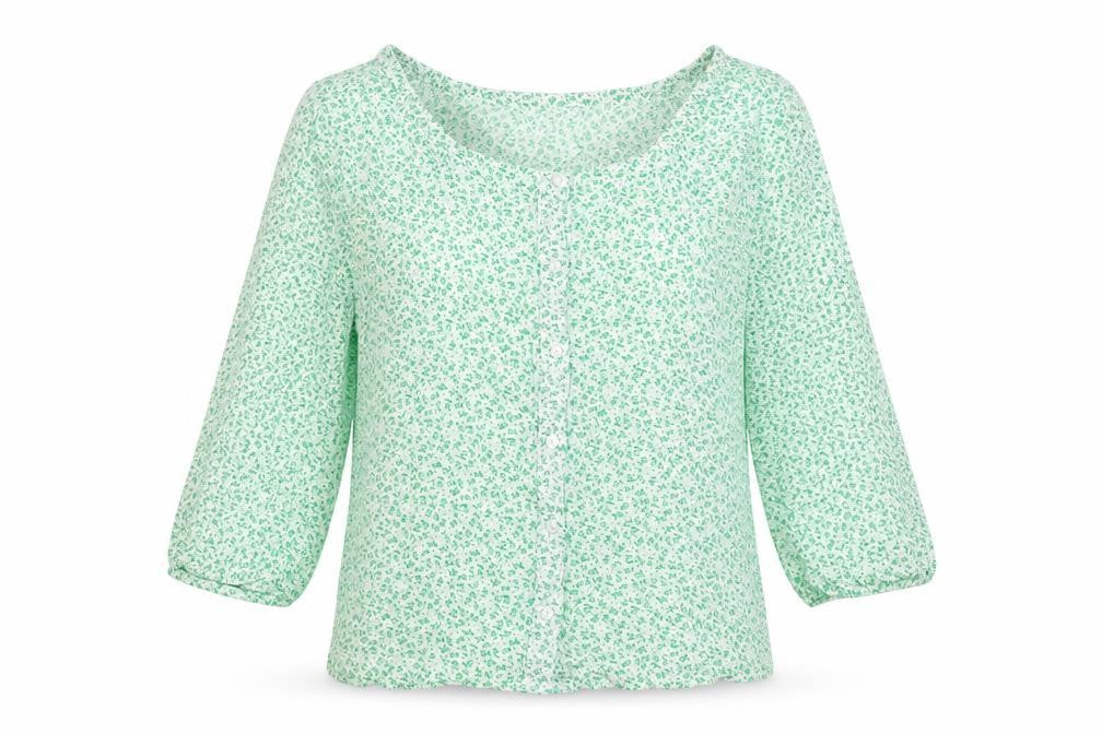 M&Co Women Green Floral Petite UK 12 Button-Up Bell Sleeve Blouse