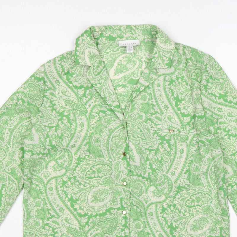 Topshop Women Green Paisley Button-Up Collared Long Sleeve Shirt UK 10