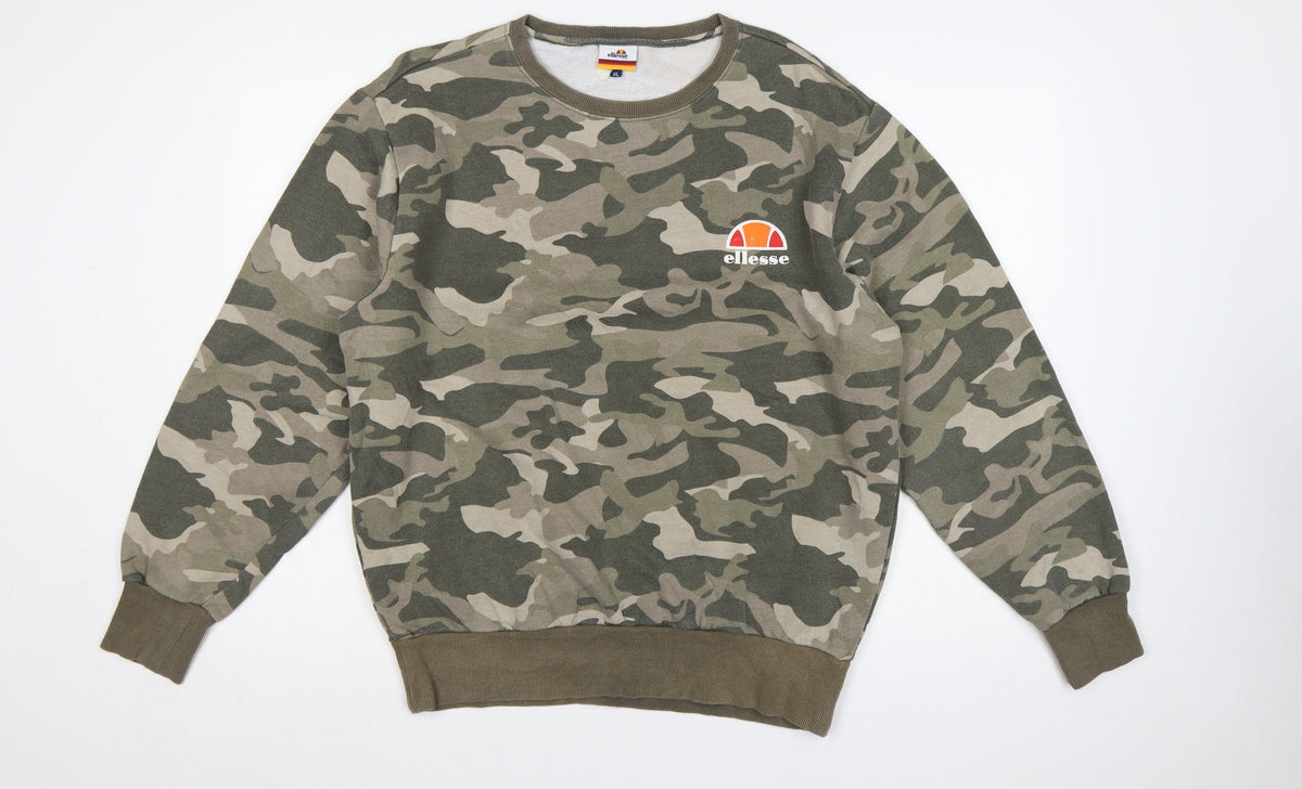 Back view of Ellesse Men’s Green Camo XL Crew Neck Logo Pullover Sweatshirt