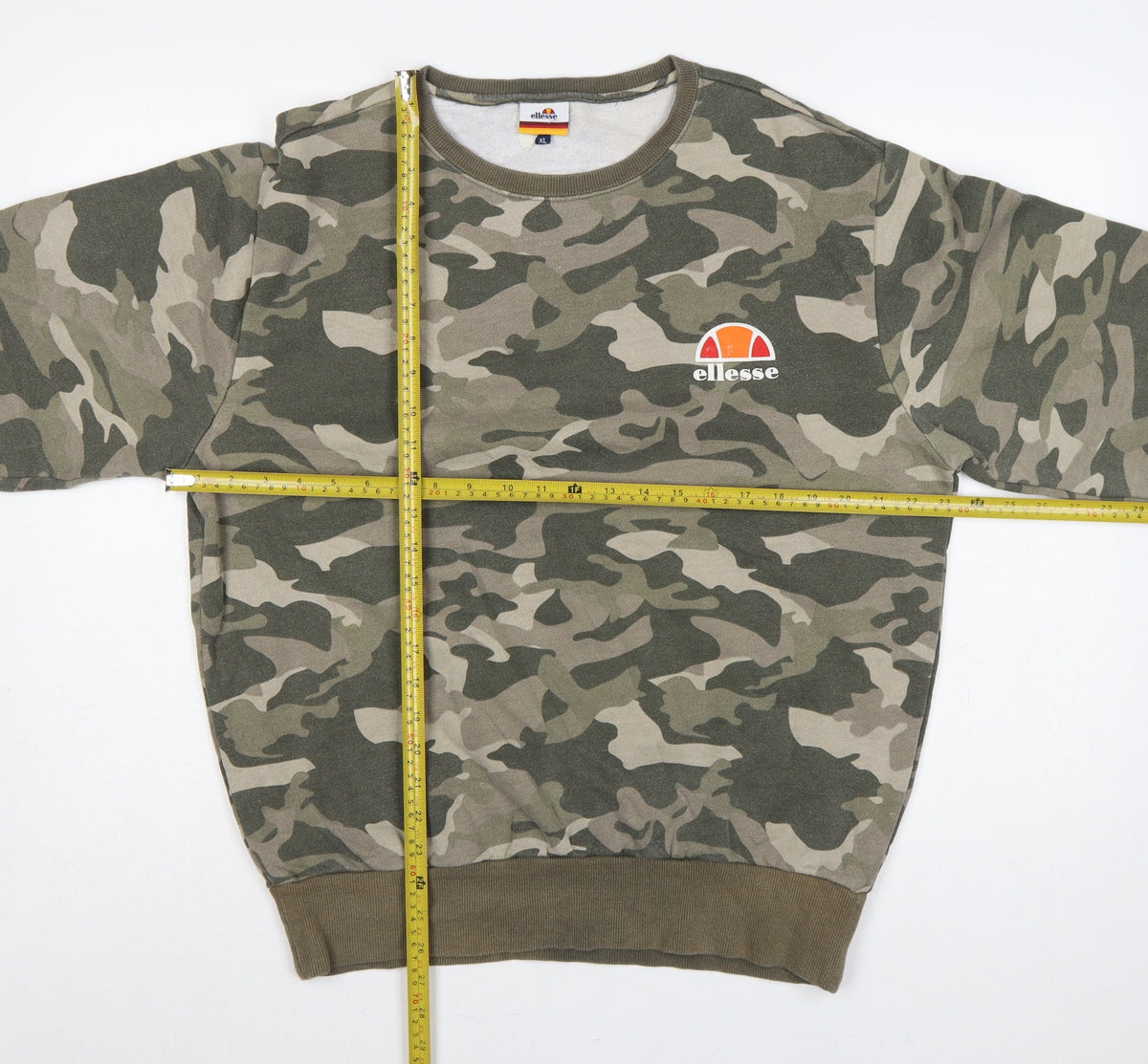 Close-up detail of Ellesse Men’s Green Camo XL Crew Neck Logo Pullover Sweatshirt