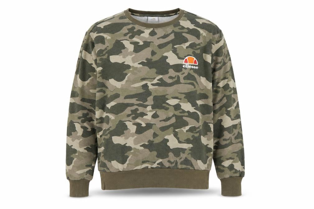 Front view of Ellesse Men’s Green Camo XL Crew Neck Logo Pullover Sweatshirt