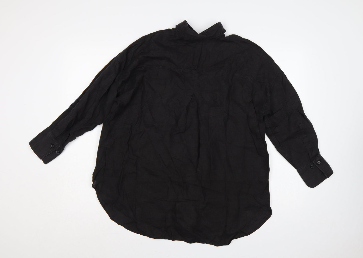 Zara Women Black Small Linen Button-Up Collared Long Sleeve Shirt