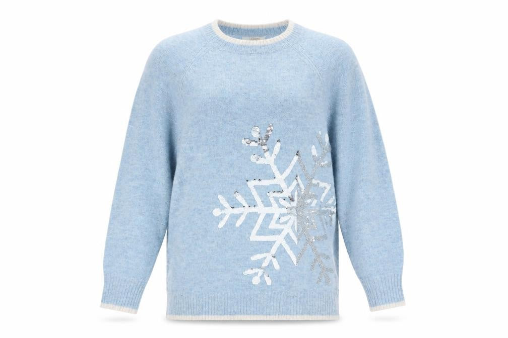 Merry Everything Women Blue UK 8 Sequin Snowflake Christmas Jumper