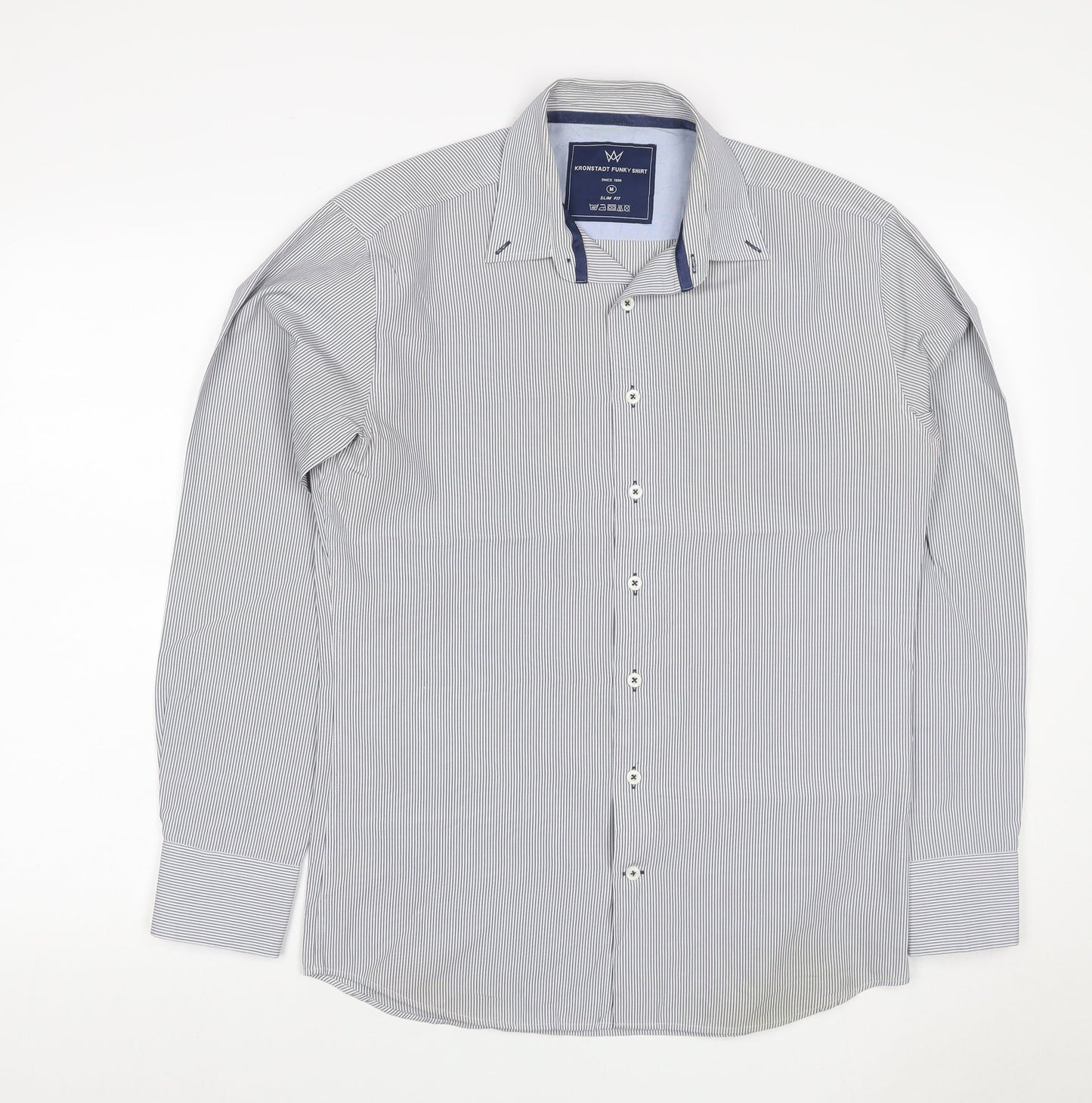 Kronstadt Men’s Blue Stripe Slim Fit Cotton Blend Shirt M