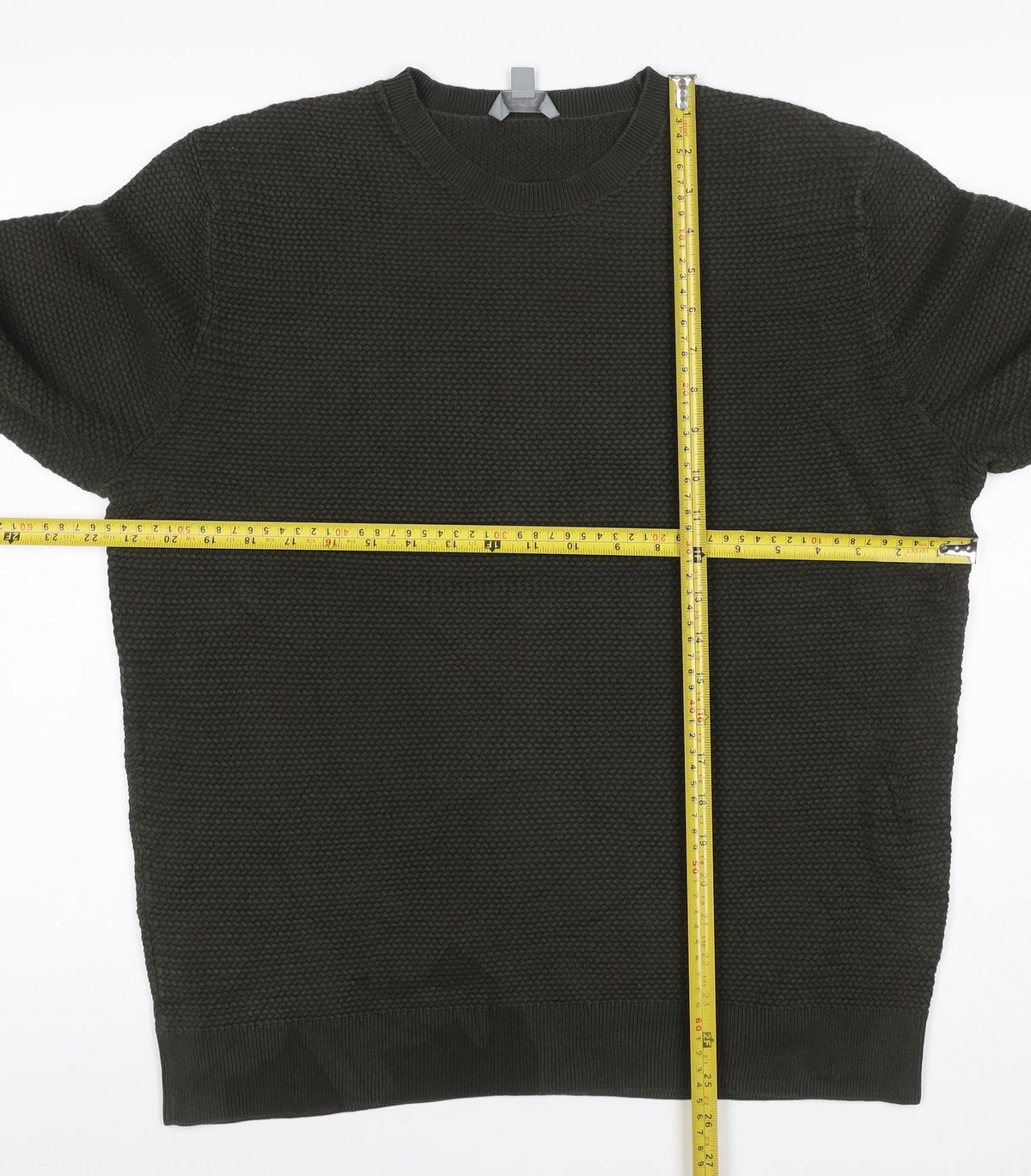 Brand and care label for COS Men’s Dark Green XL Cable Knit Crew Neck jumper