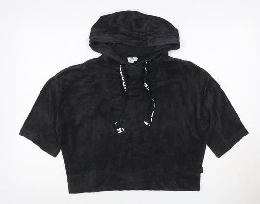 Reebok Women Black M Short Sleeve Hooded Pullover Fleece Sweatshirt