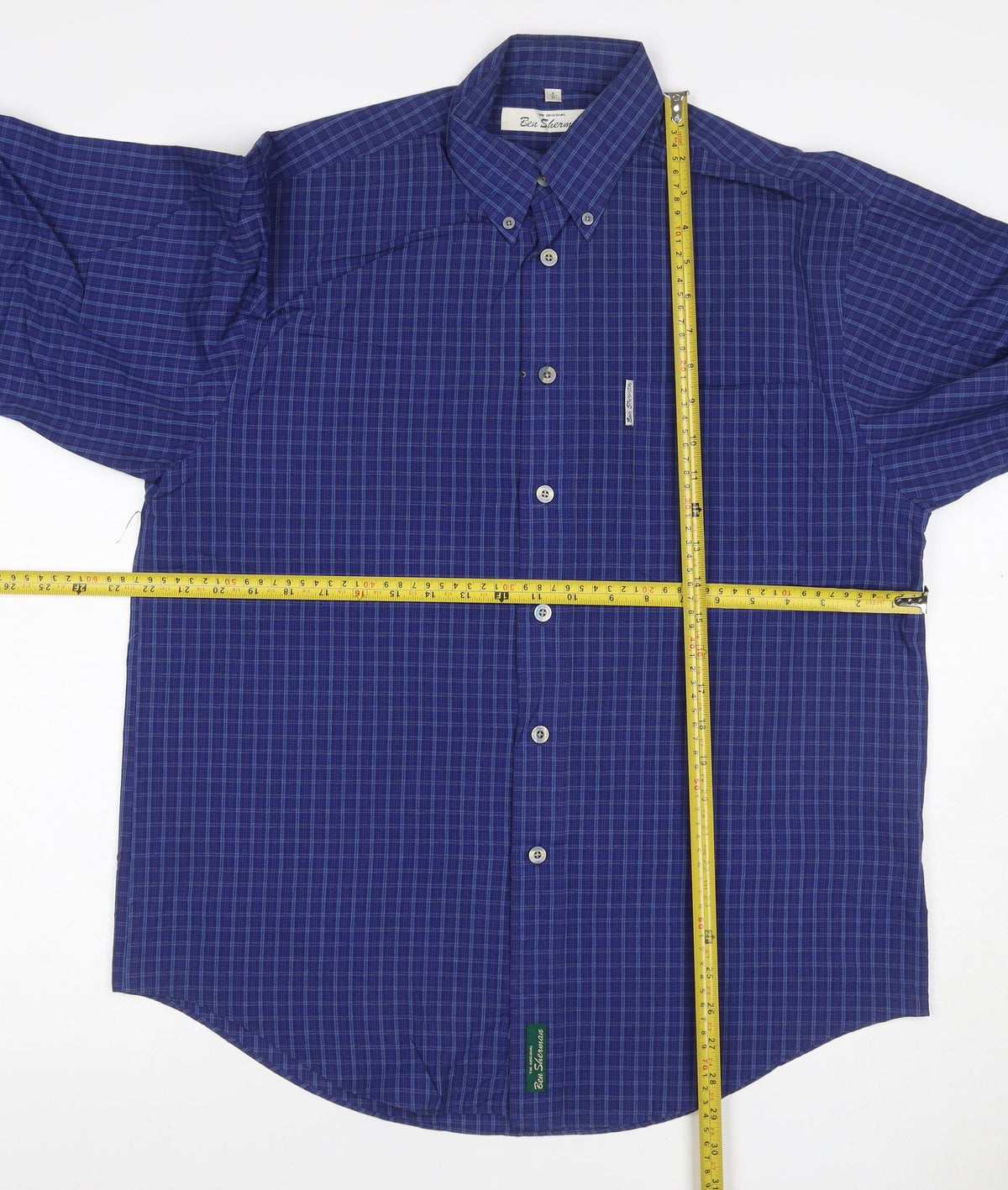 Brand and care label for Ben Sherman Men’s Blue Check Button-Down Long Sleeve Shirt M