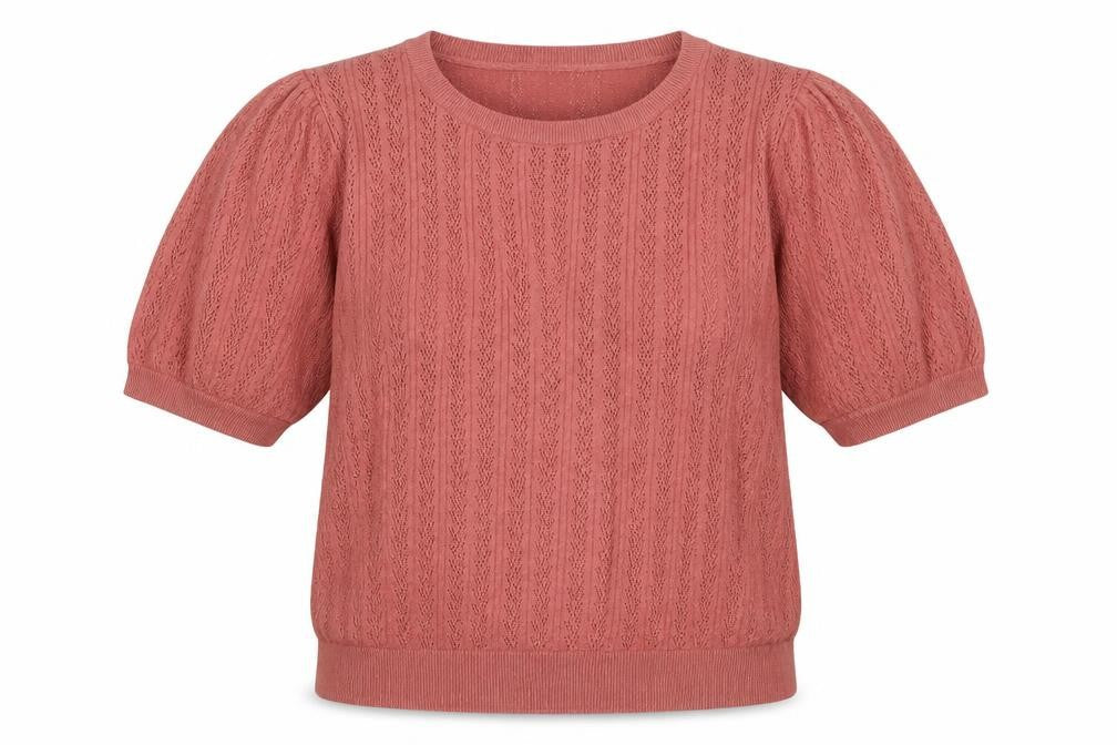 Front view of b.young Women Pink XL Puff Sleeve Pointelle Knit T-shirt