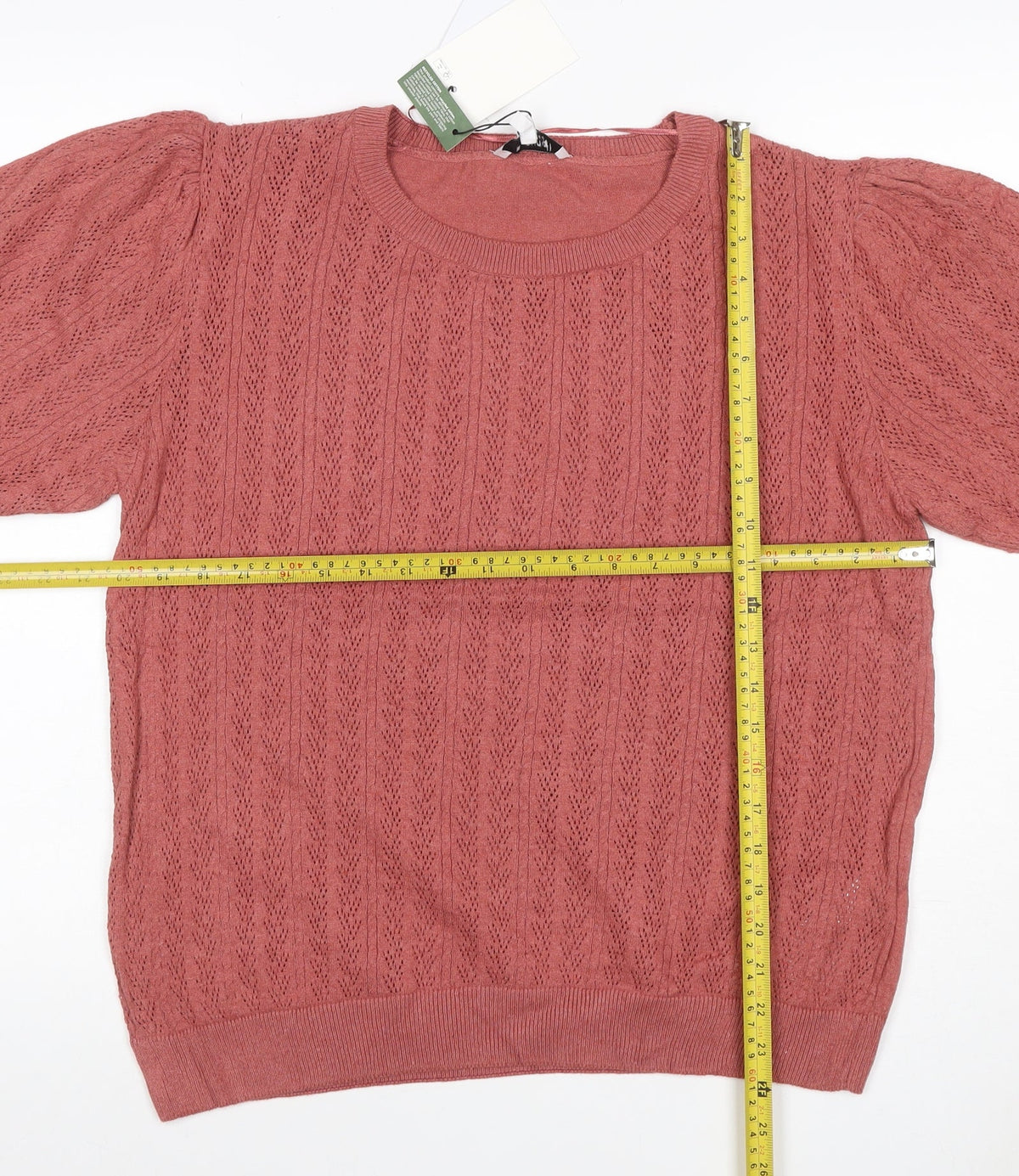 Close-up detail of b.young Women Pink XL Puff Sleeve Pointelle Knit T-shirt