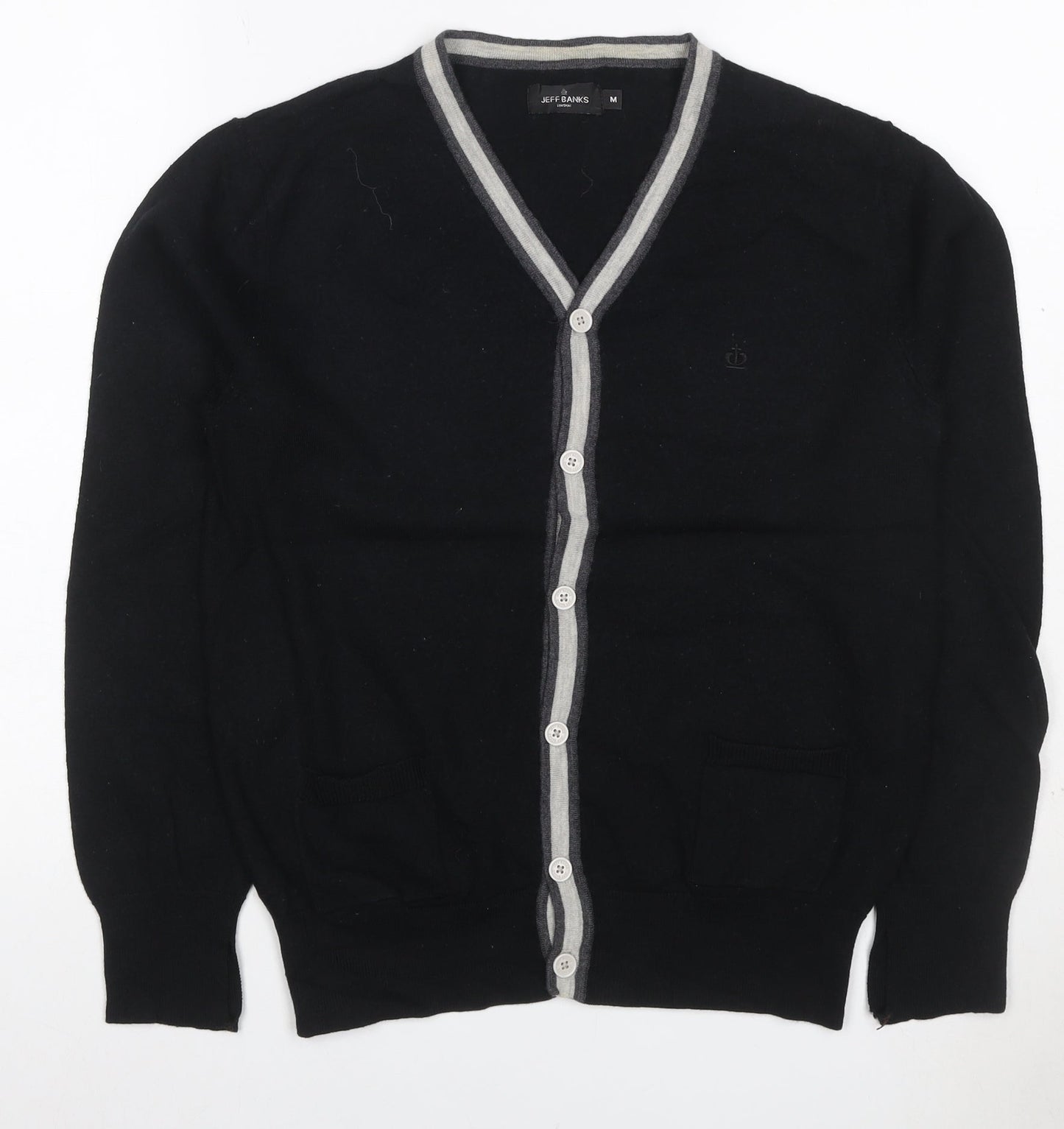Jeff Banks Men Black M Merino Wool V-Neck Button Cardigan