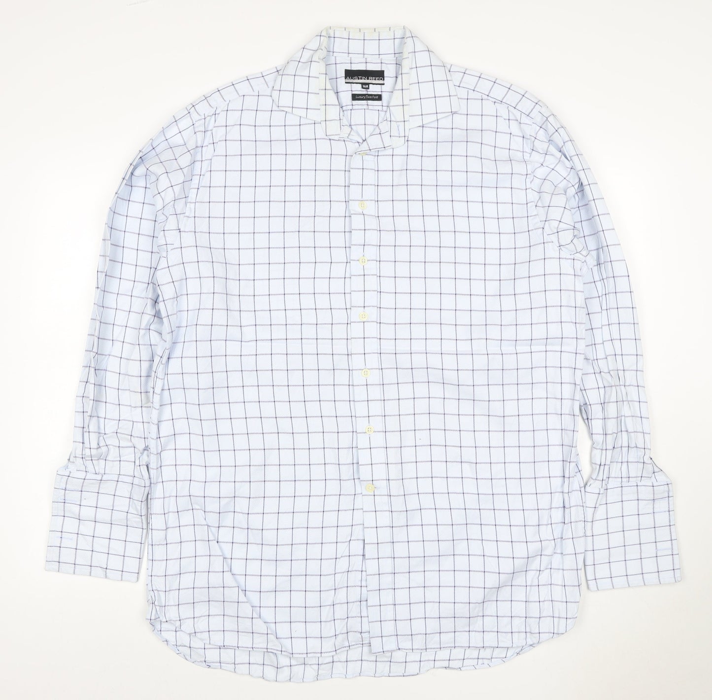 Austin Reed Men White Blue Check Cotton Shirt 16R Regular Long Sleeve
