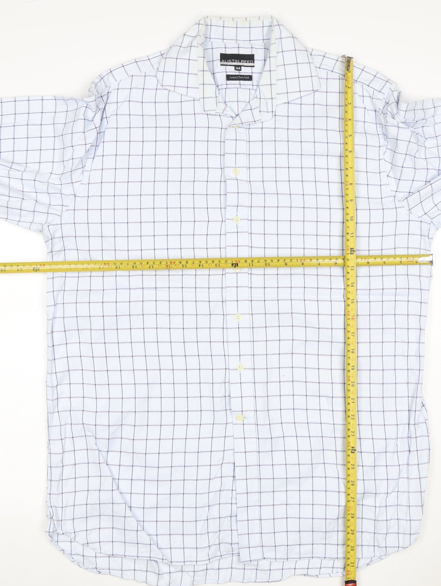 Austin Reed Men White Blue Check Cotton Shirt 16R Regular Long Sleeve